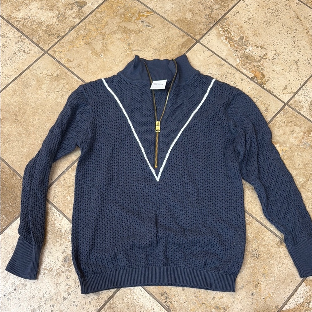 Varley Blue and White Zip Up Sweater with V-Stripe